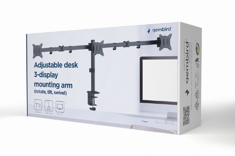 Arm for 3 monitors 17”-27”  Gembird MA-D3-01, Adjustable desk 3-display mounting arm (rotate, tilt,. foto 2